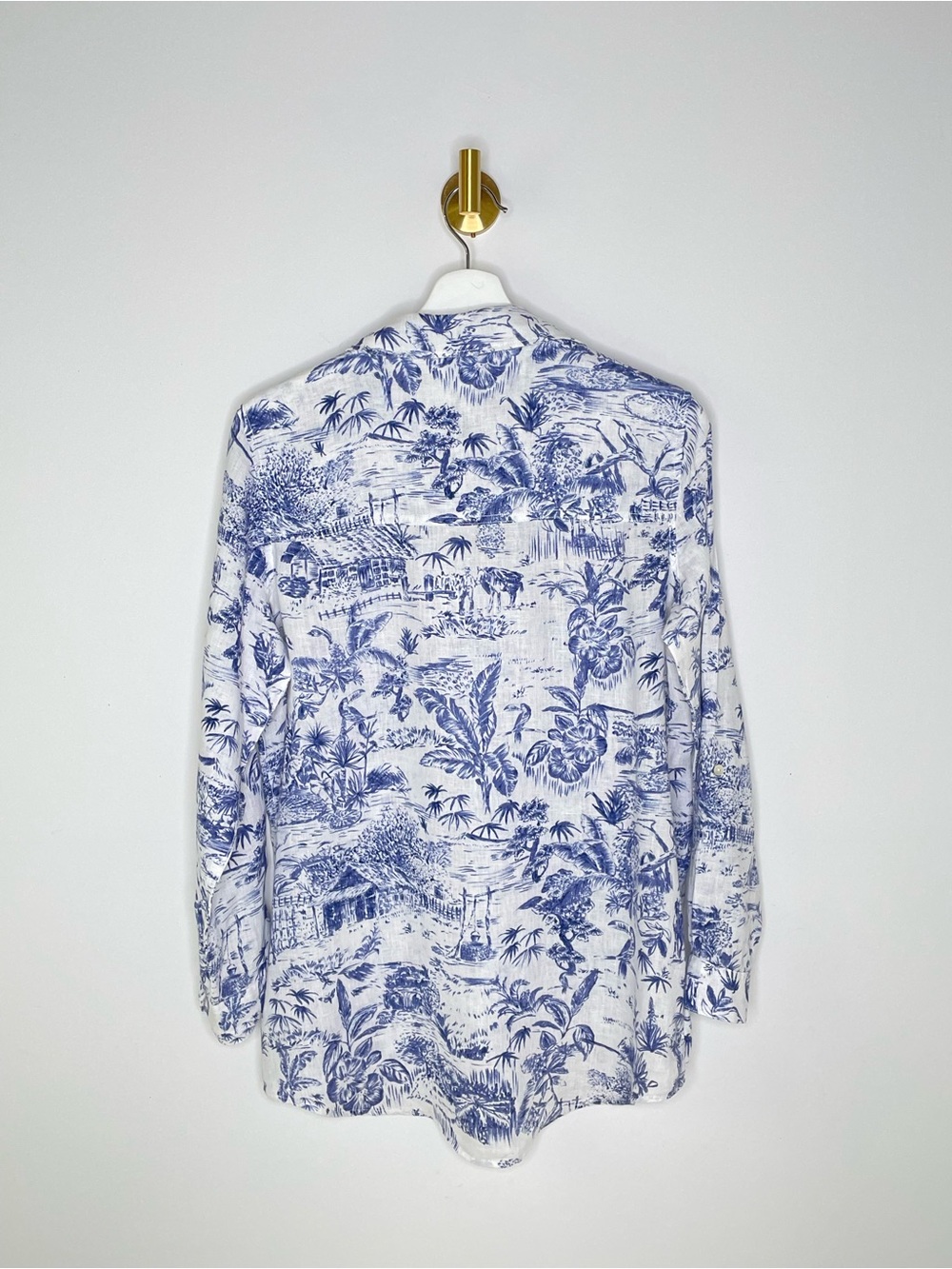 Resort | Joie Blue Toile Off White Linen Button Down | Relaxed Roll Tab Sleeve S - Picture 8 of 12